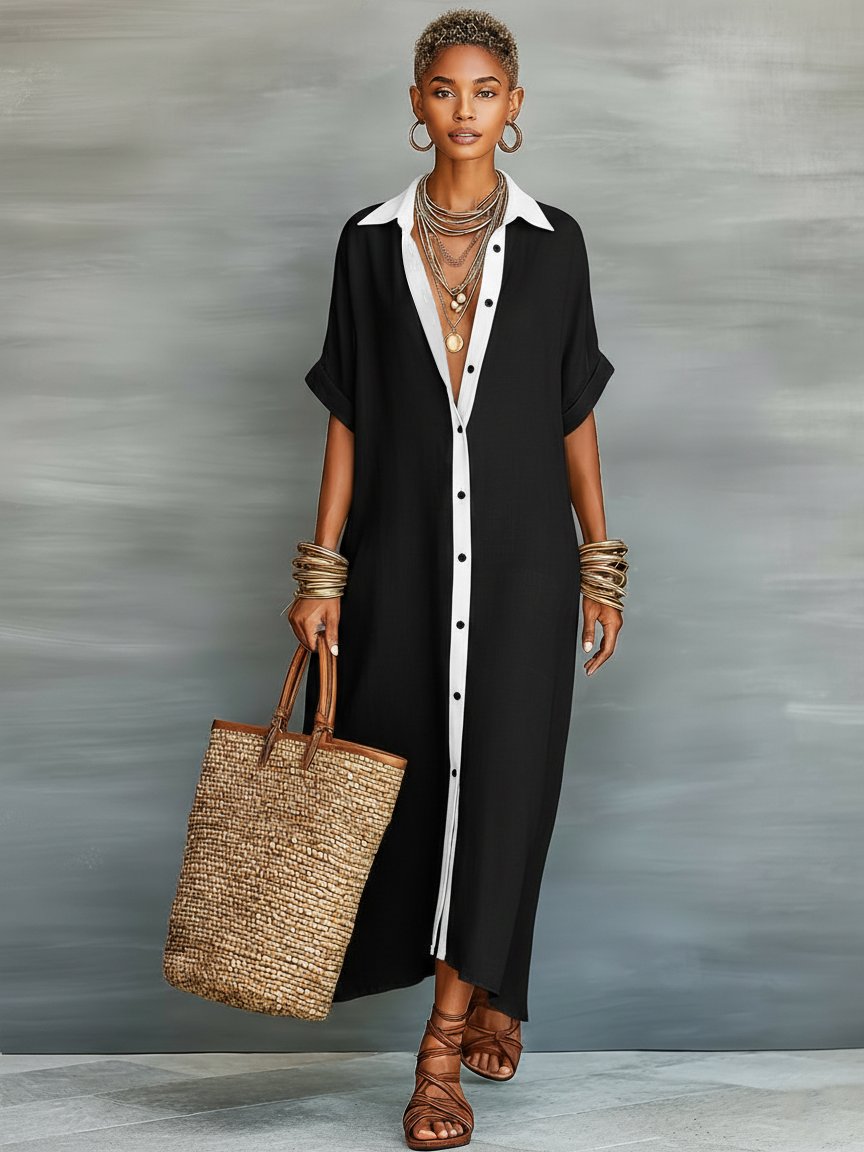 Maxi Shirt Dress Linen Blend Short Sleeve Minimalist - Black