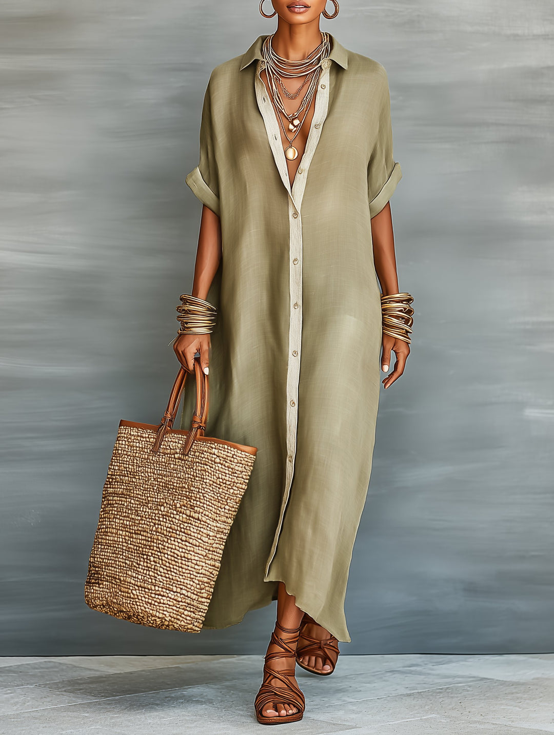Maxi Shirt Dress Linen Blend Short Sleeve Minimalist
