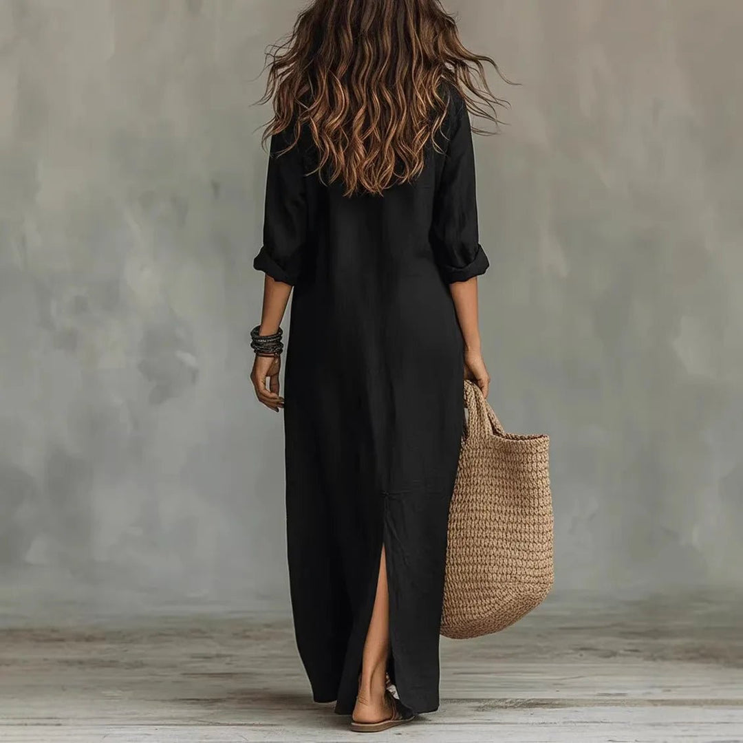 Maxi Shirt Dress Three Quarter Sleeves Linen Cotton Loose
