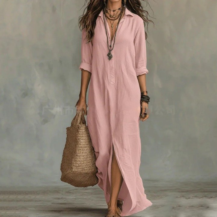Maxi Shirt Dress Three Quarter Sleeves Linen Cotton Loose - Pink