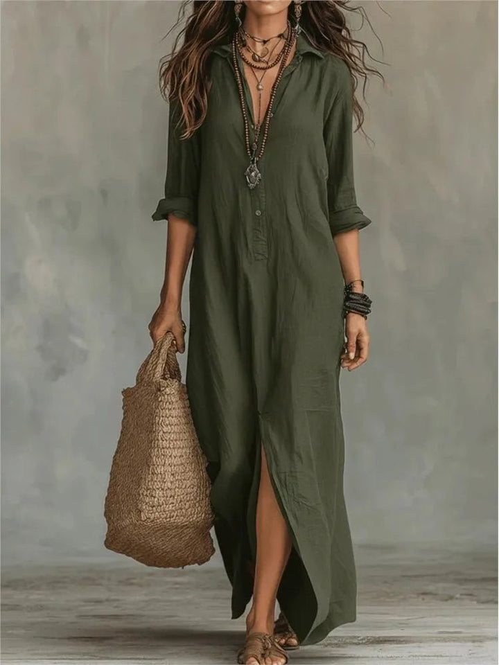 Maxi Shirt Dress Three Quarter Sleeves Linen Cotton Loose - Army Green