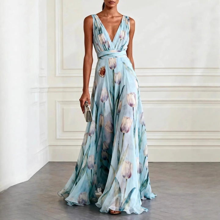 Maxi Wrap Dress Deep V-Neck Chiffon Sleeveless Floor Length - Sky Blue
