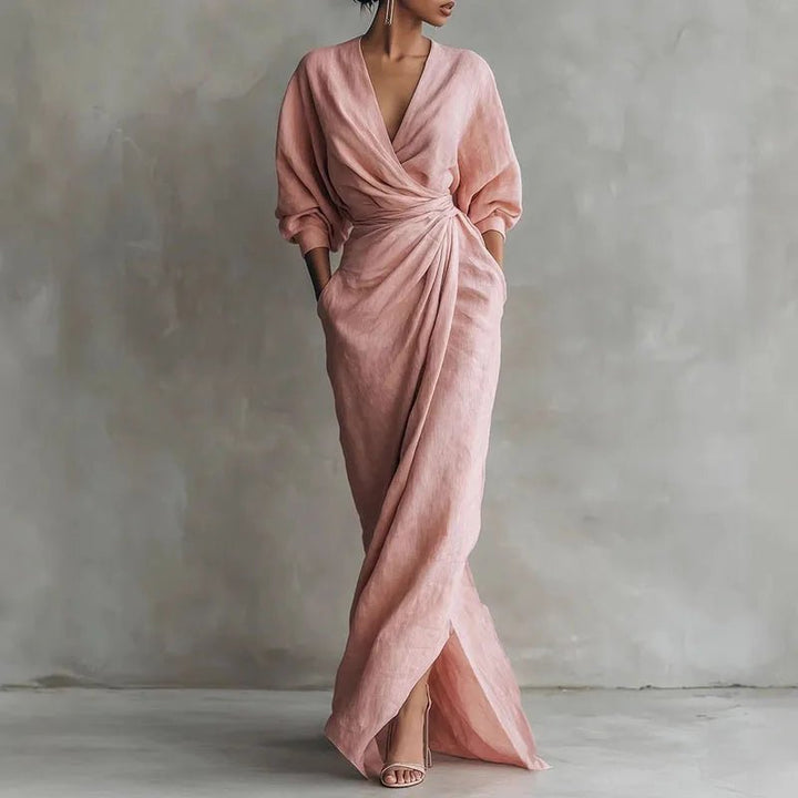 Maxi Wrap Dress Deep V-Neck Long Sleeve Bodycon - Pink