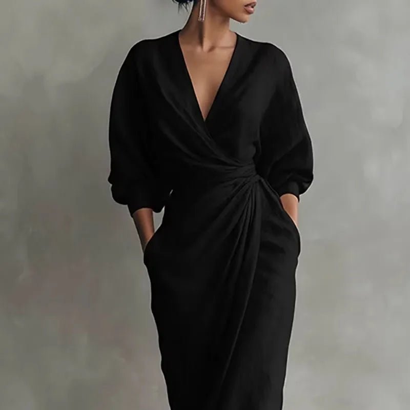 Maxi Wrap Dress Deep V-Neck Long Sleeve Bodycon