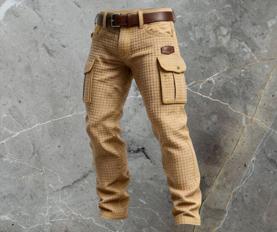 Men's Cargo Pants Slim Fit Quilted Texture Side Pockets - Beige