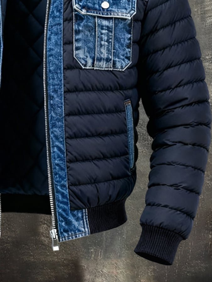 Men's Denim Puffer Jacket Quilted Bomber Thermal Insulation