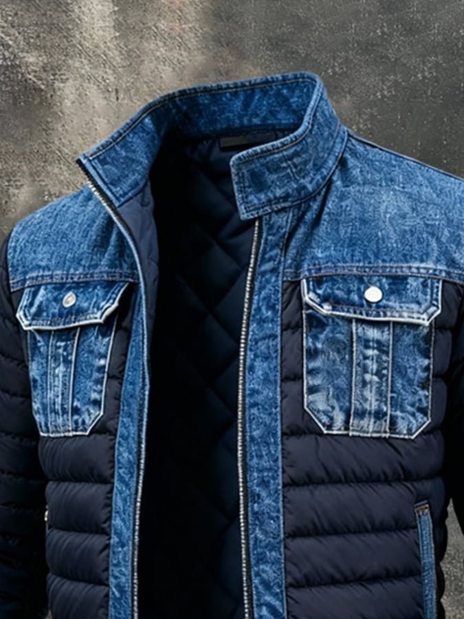 Men's Denim Puffer Jacket Quilted Bomber Thermal Insulation