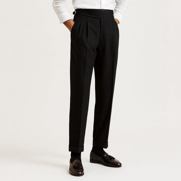 Men's High-Waisted Pleated Drawstring Straight-Leg Pants - Black