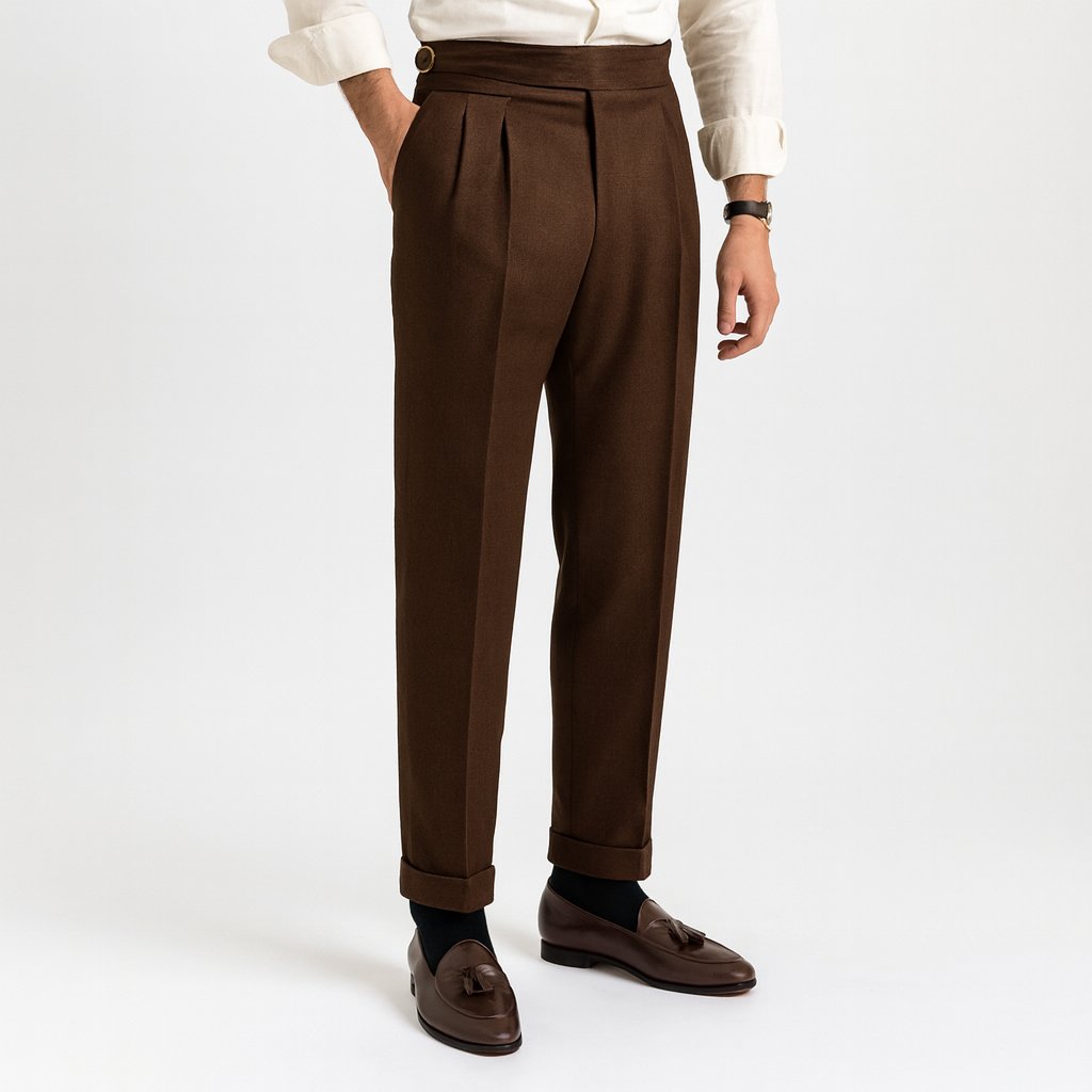 Men's High-Waisted Pleated Drawstring Straight-Leg Pants - Coffee
