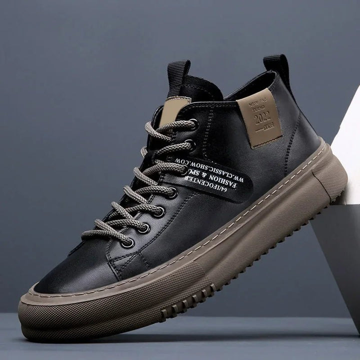 Men's Leather Sneakers Lace-Up Casual High-Top - Black