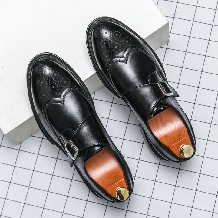 Men's Leather Wingtip Monk Strap Brogue Dress Shoes - Black