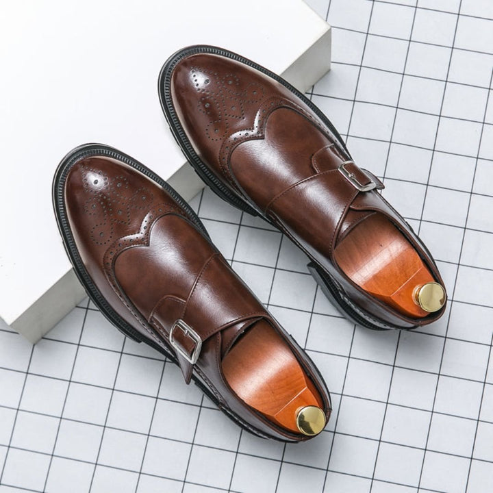 Men's Leather Wingtip Monk Strap Brogue Dress Shoes - Brown
