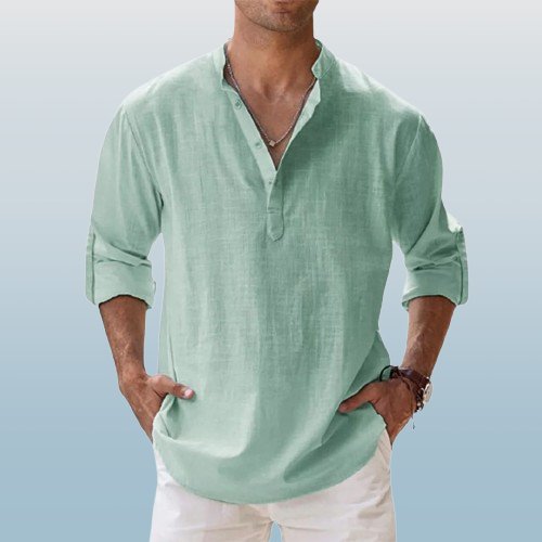Men's Linen Long Sleeve Grandad Collar Shirt - Sage Green