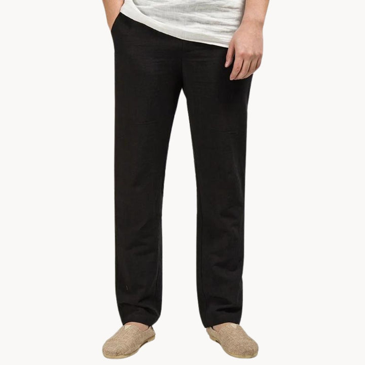 Men's Linen Pants Straight Leg Elastic Waist Casual - Black