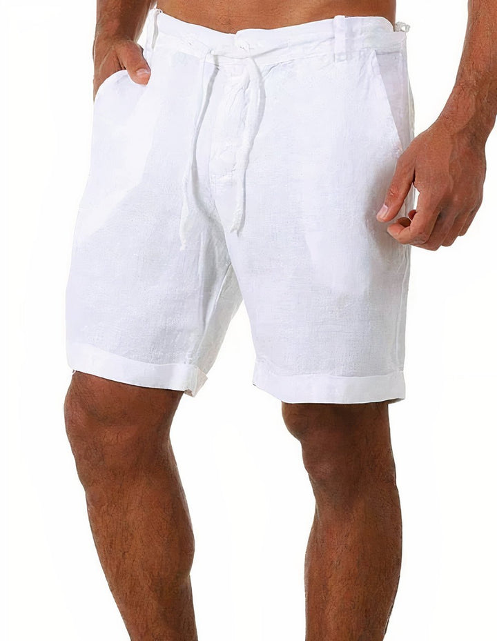 Men's Linen Shorts Cuffed Drawstring Mid Length Summer - White