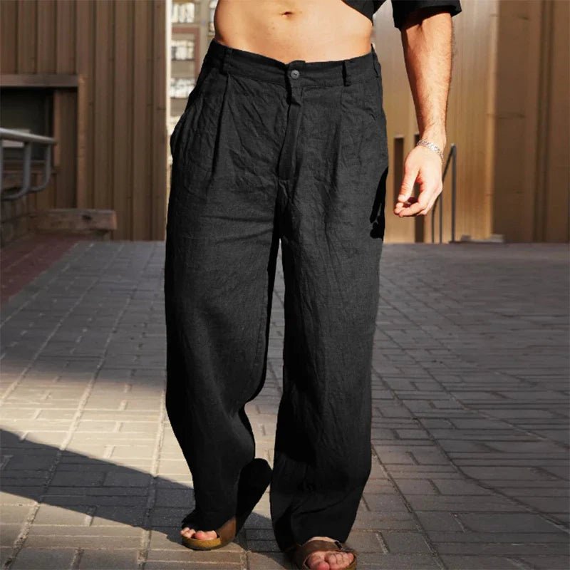 Men's Linen Wide-Leg Pants Pleated Relaxed Fit Summer - Black