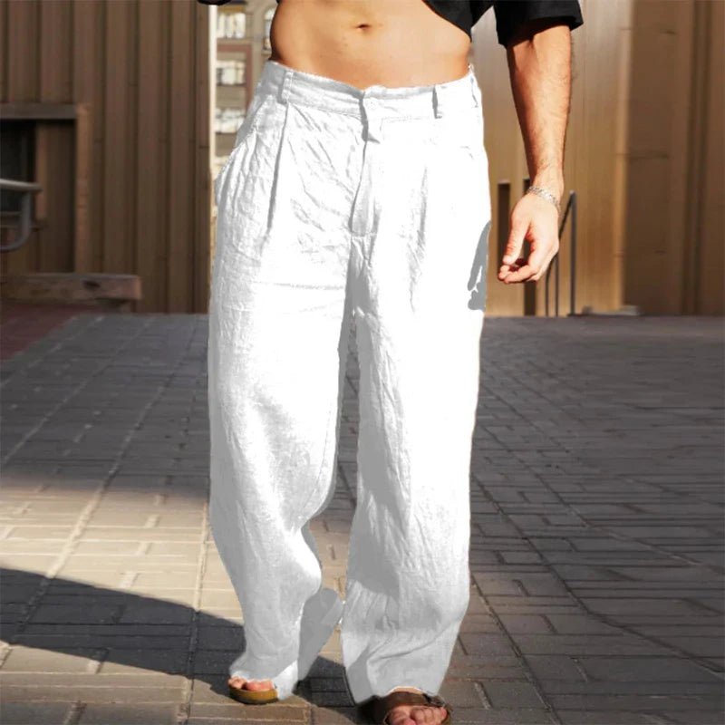 Men's Linen Wide-Leg Pants Pleated Relaxed Fit Summer - White