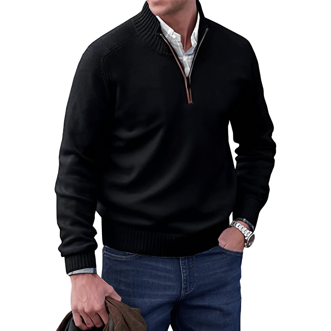 Men's Quarter-Zip Knit Pullover Sweater Regular Fit Long Sleeve - Black