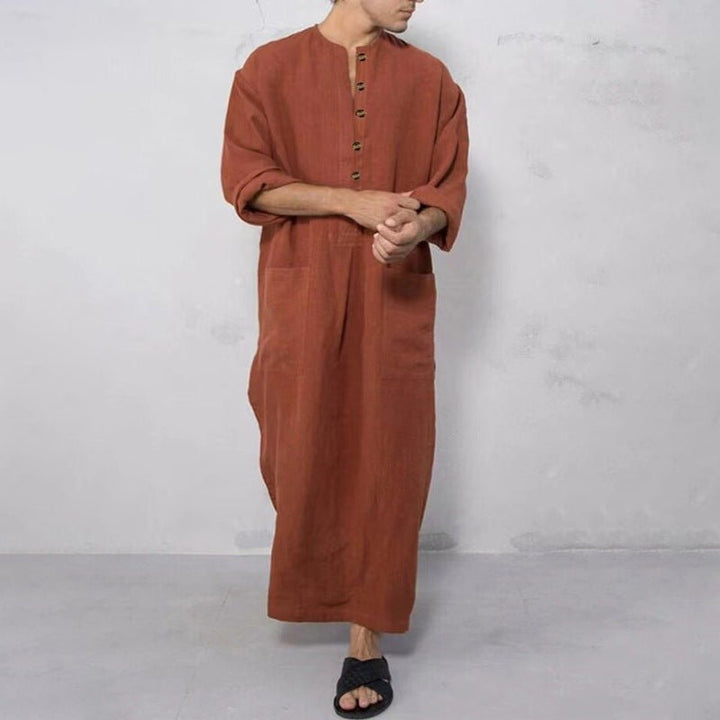 Men's Relaxed-Fit Maxi Linen Kaftan Tunic Stand-Collar Button Placket