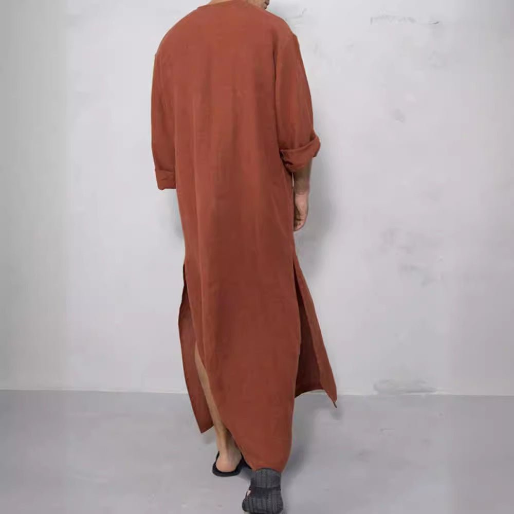 Men's Relaxed-Fit Maxi Linen Kaftan Tunic Stand-Collar Button Placket