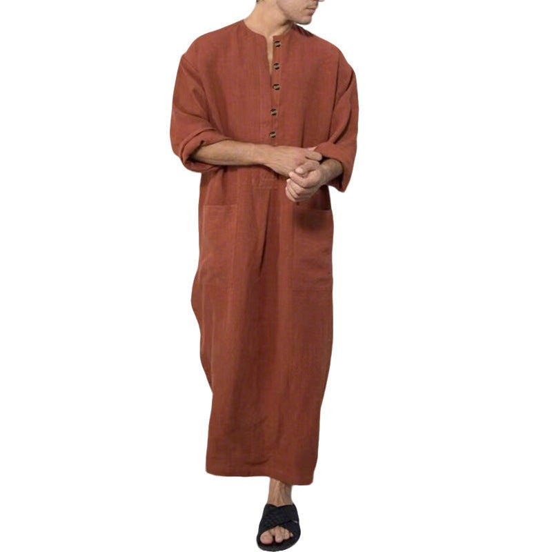 Men's Relaxed-Fit Maxi Linen Kaftan Tunic Stand-Collar Button Placket - Braun