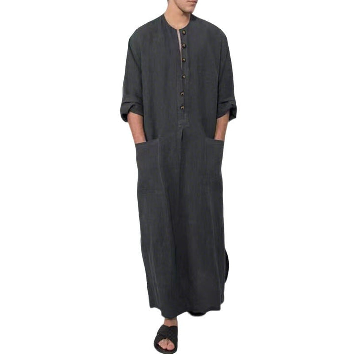 Men's Relaxed-Fit Maxi Linen Kaftan Tunic Stand-Collar Button Placket - Grau