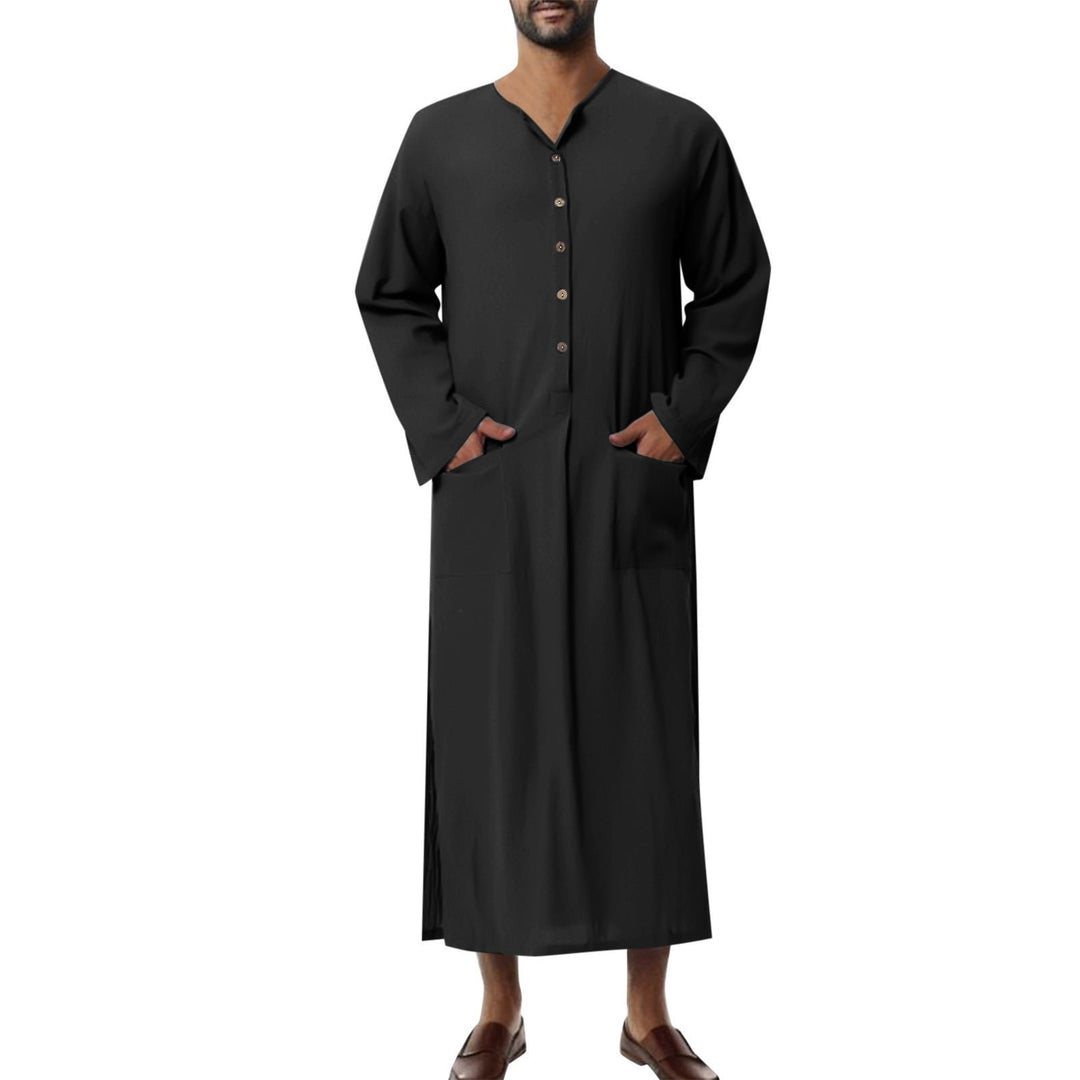 Men's Relaxed-Fit Maxi Linen Kaftan Tunic Stand-Collar Button Placket - Schwarz