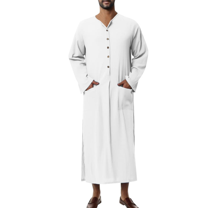 Men's Relaxed-Fit Maxi Linen Kaftan Tunic Stand-Collar Button Placket - Weiß