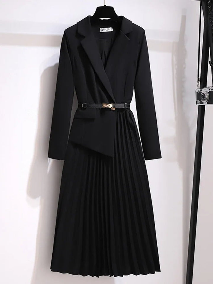 Midi Dress Blazer Style Belted Pleated - Black