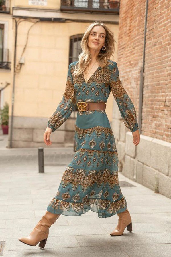 Midi Dress Boho Medallion Print Puff Sleeves Tiered