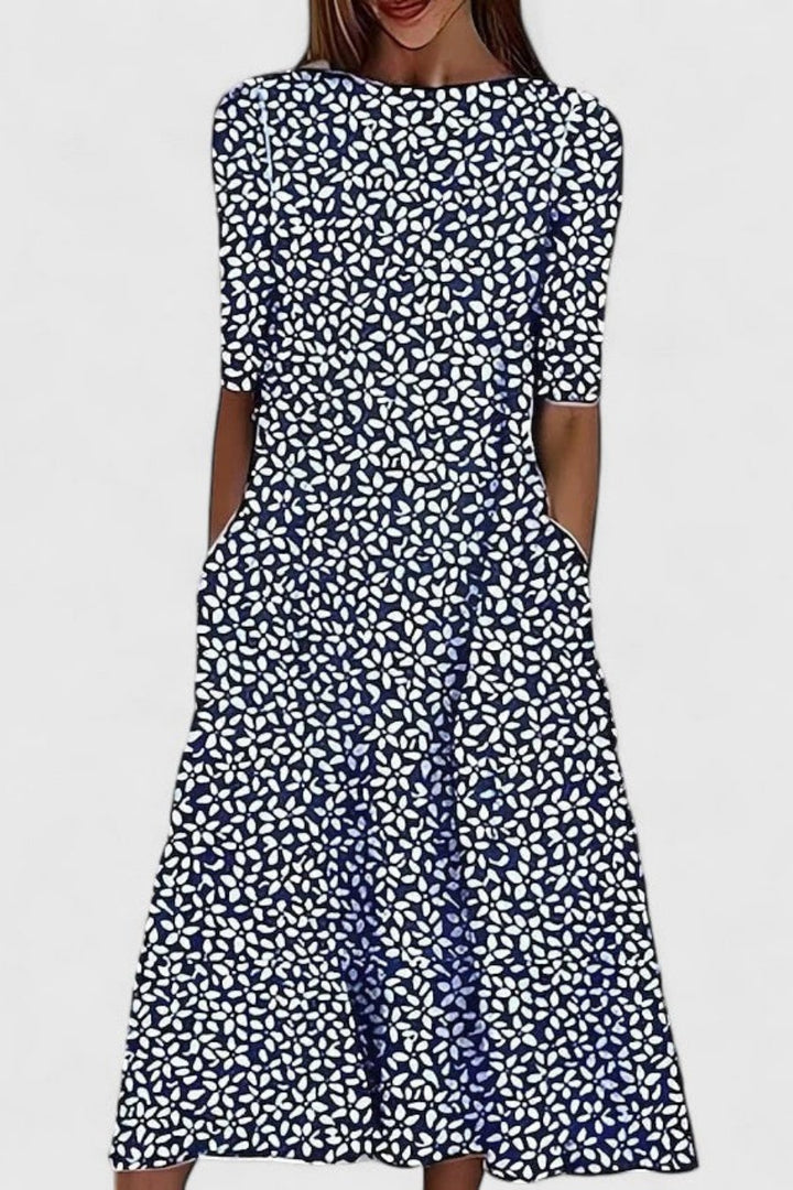 Midi Dress Cotton Round Neck Short Sleeve A-Line Pockets - Dark Blue