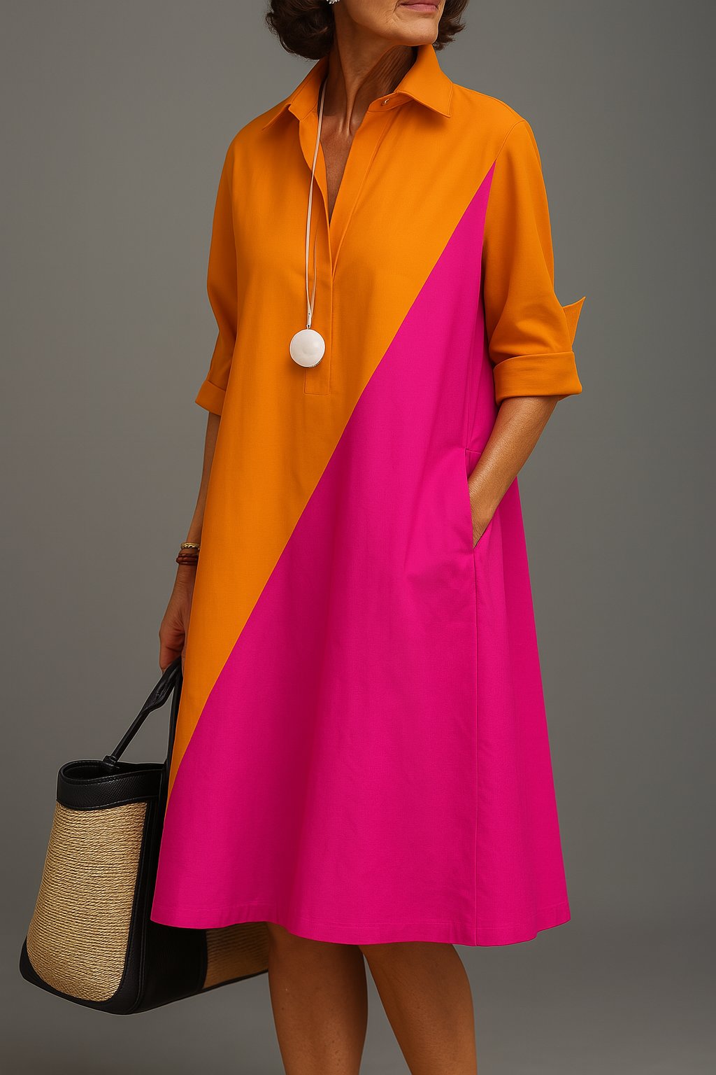 Midi Dress Diagonal Colorblock Cotton Collared V-Neck