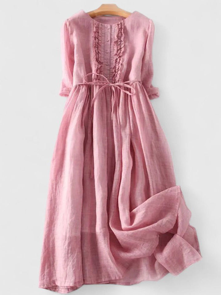 Midi Dress Lace-Up Back Cotton Linen Three Quarter Sleeve - Pink