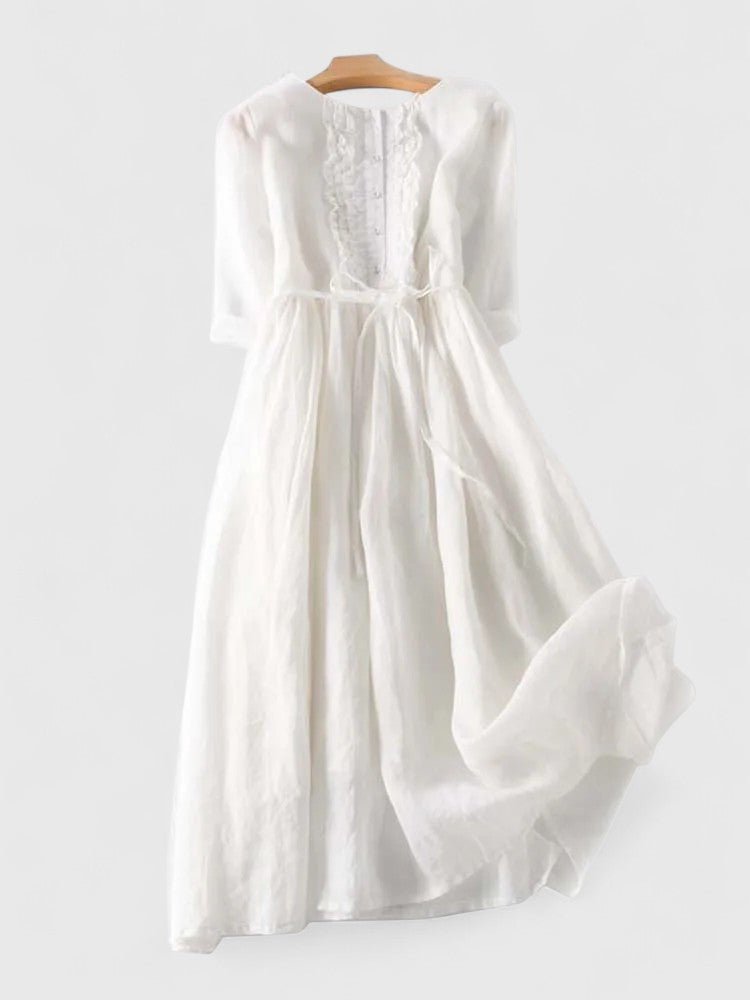 Midi Dress Lace-Up Back Cotton Linen Three Quarter Sleeve - White