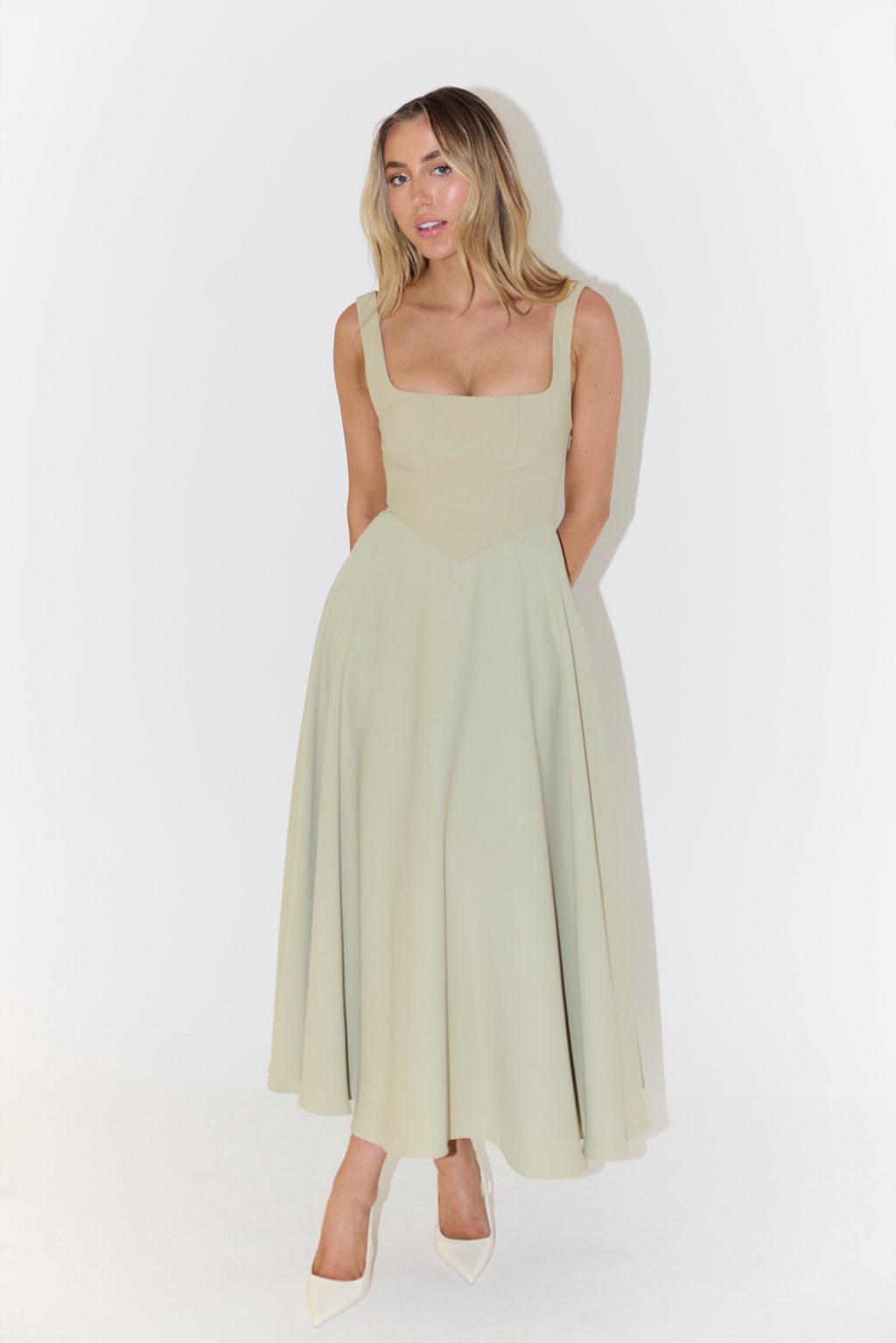 Midi Dress Square Neckline A-Line Sleeveless