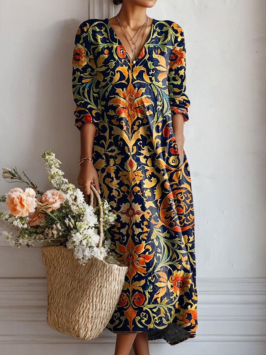 Midi Dress V-Neck Cotton Boho Baroque Print 3/4 Sleeve
