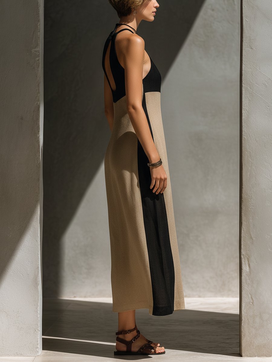 Midi Halter Dress Keyhole Cutout Color Block Cotton Blend