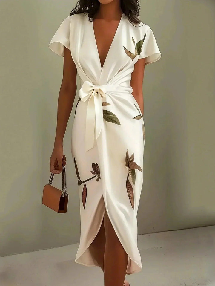 Midi Wrap Dress V-Neck Floral Print - White