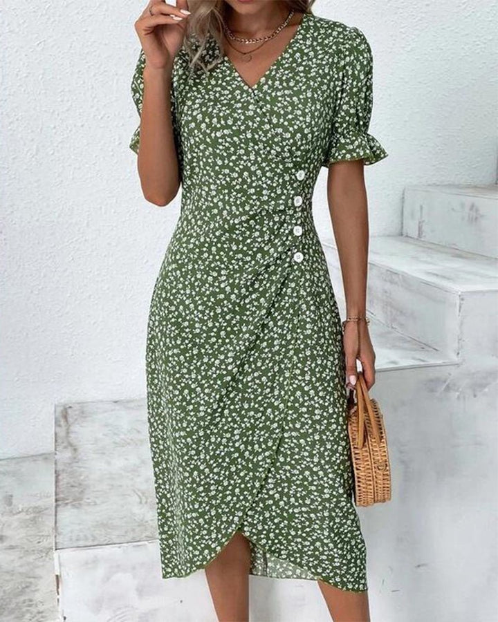 Midi Wrap Dress V-Neck Floral Print Button Side - Green
