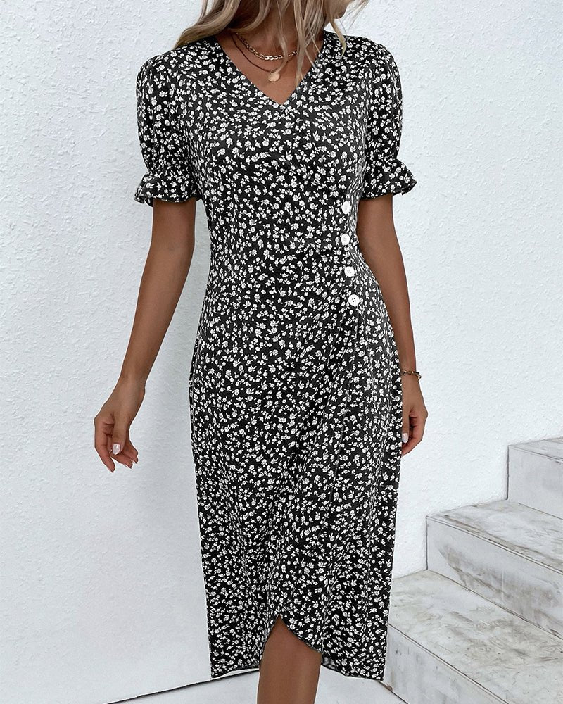 Midi Wrap Dress V-Neck Floral Print Button Side
