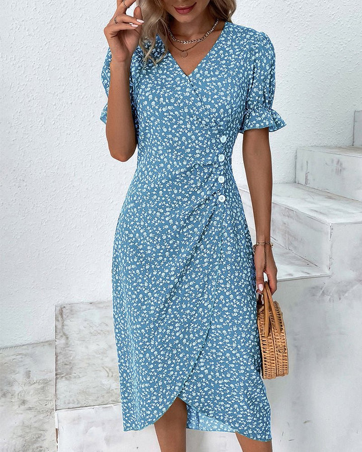Midi Wrap Dress V-Neck Floral Print Button Side - Blue