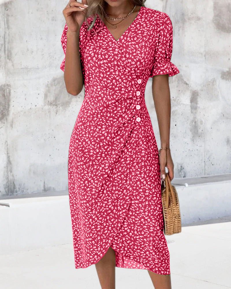 Midi Wrap Dress V-Neck Floral Print Button Side - Red