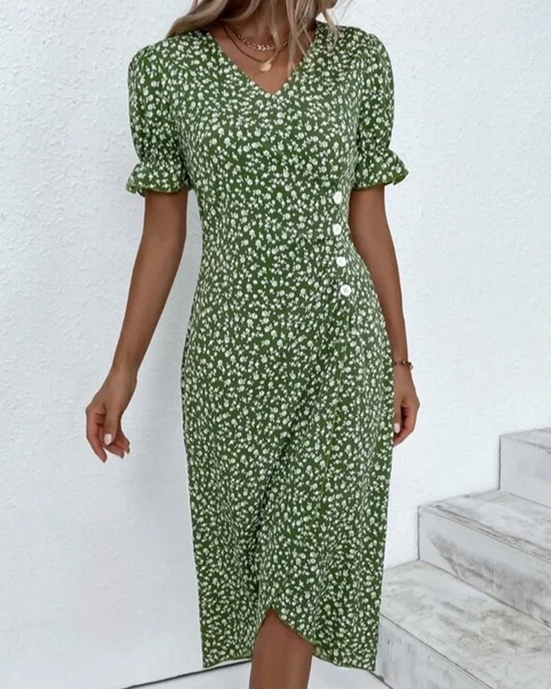 Midi Wrap Dress V-Neck Floral Print Button Side
