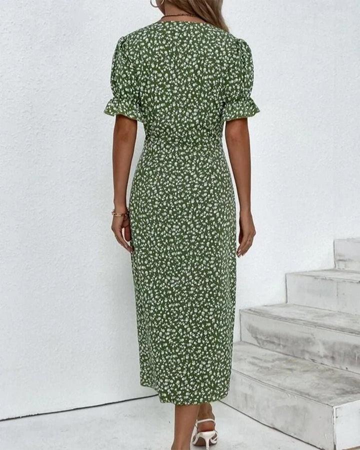 Midi Wrap Dress V-Neck Floral Print Button Side