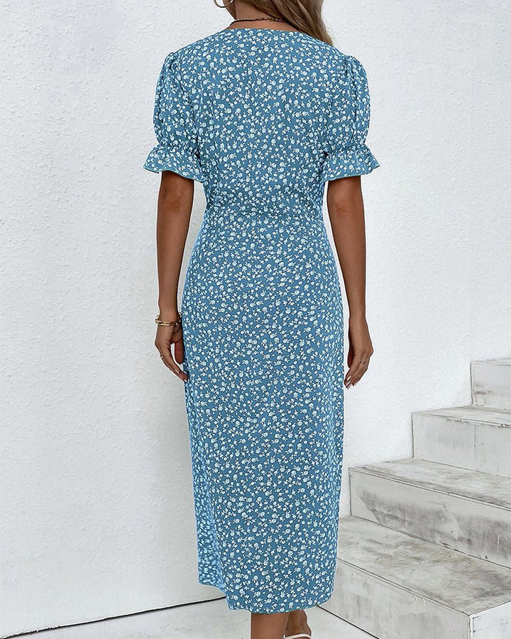 Midi Wrap Dress V-Neck Floral Print Button Side