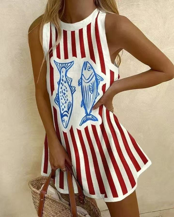 Mini Tank Dress Sleeveless Striped Fish Print
