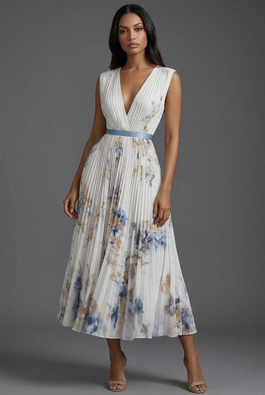 Mother of the Bride Dress Pleated Floral V-Neck Midi
