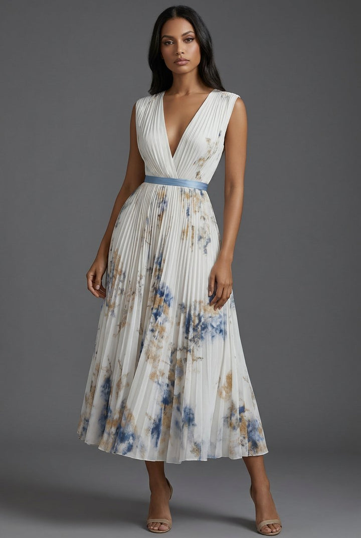 Mother of the Bride Dress Pleated Floral V-Neck Midi