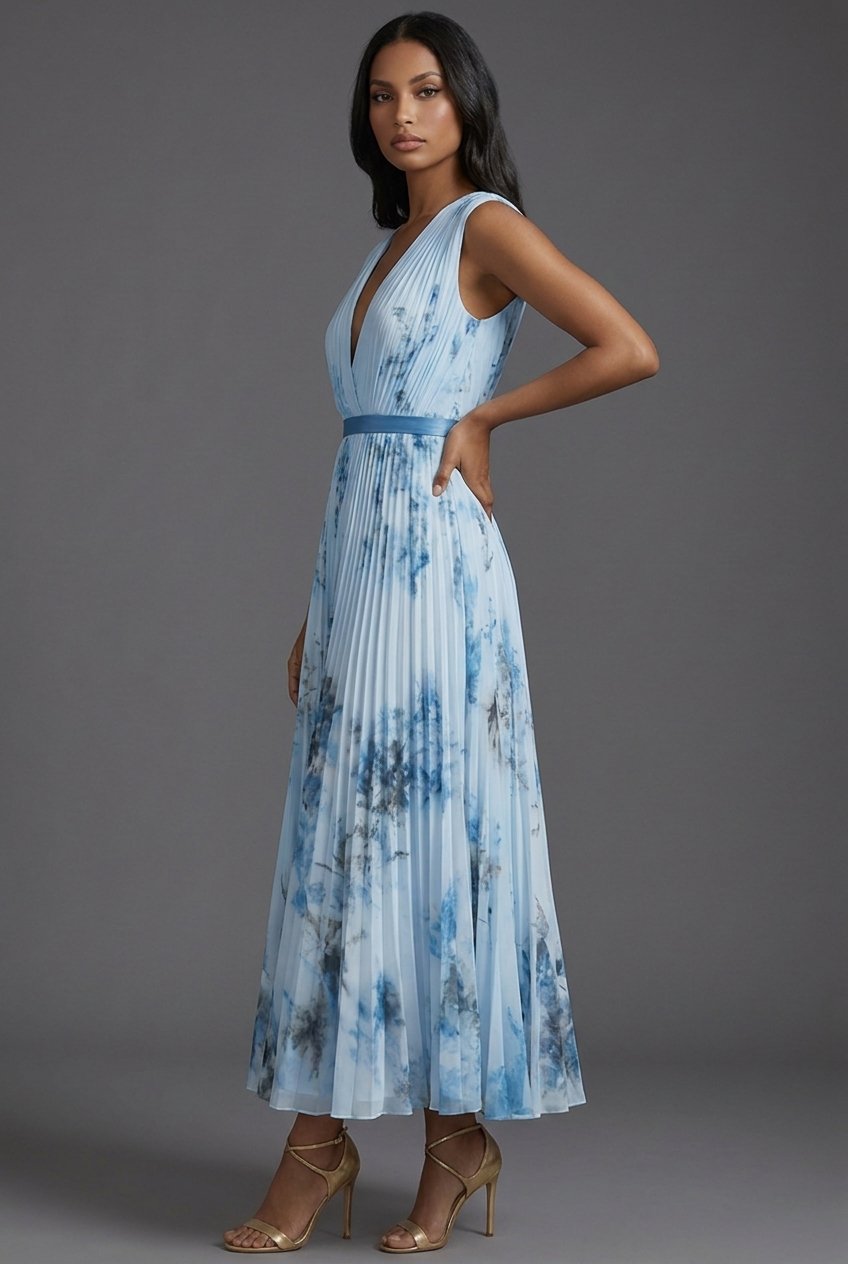 Mother of the Bride Dress Pleated Floral V-Neck Midi