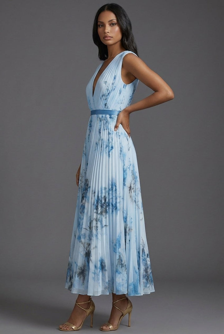Mother of the Bride Dress Pleated Floral V-Neck Midi